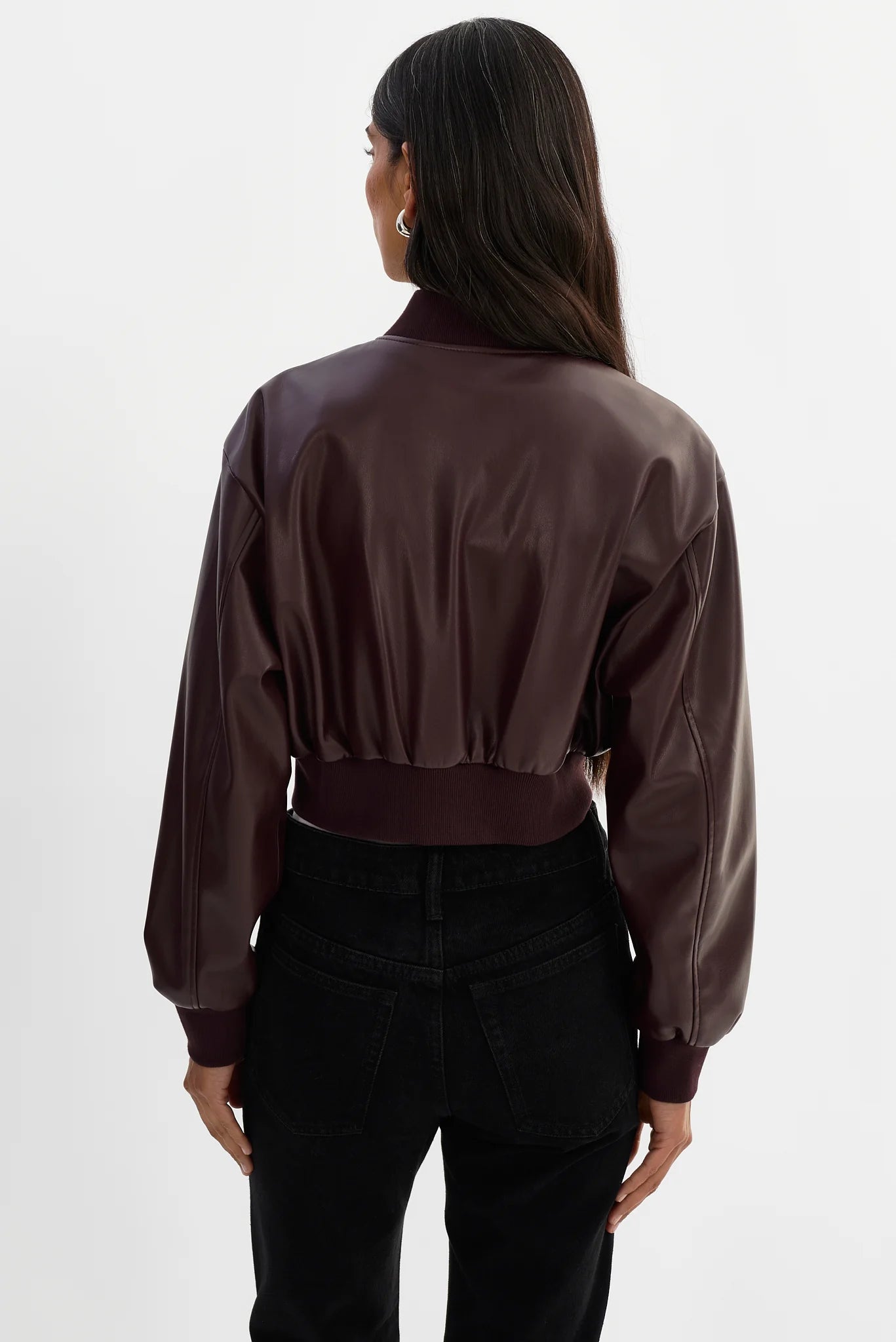 Cropped Faux Leather Bomber Jacket