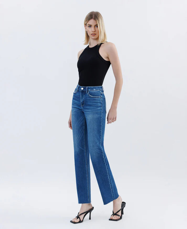 High Rise Raw Hem Straight Jeans