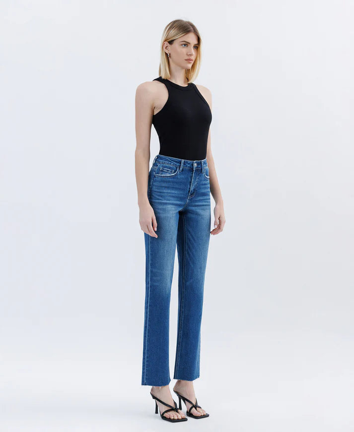High Rise Raw Hem Straight Jeans