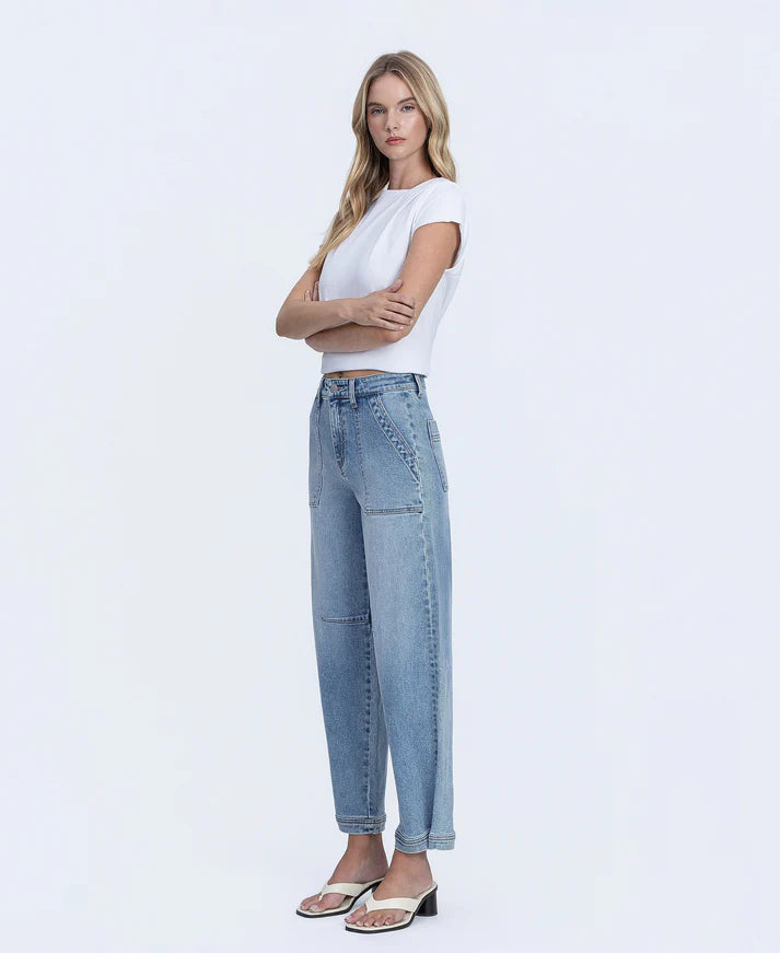 Super High Rise Button Snap Hem Barrel Jeans