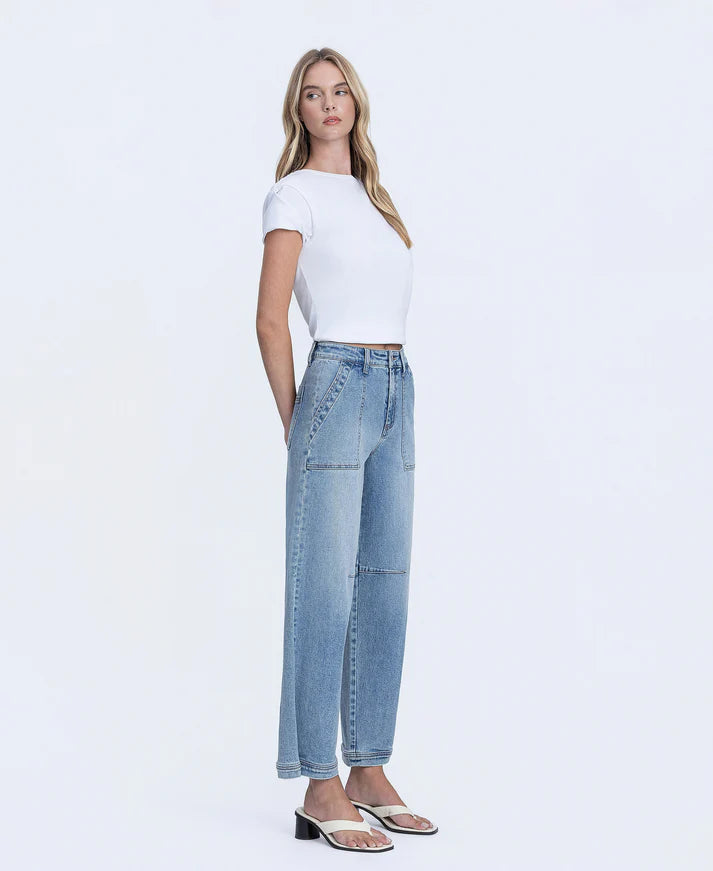 Super High Rise Button Snap Hem Barrel Jeans