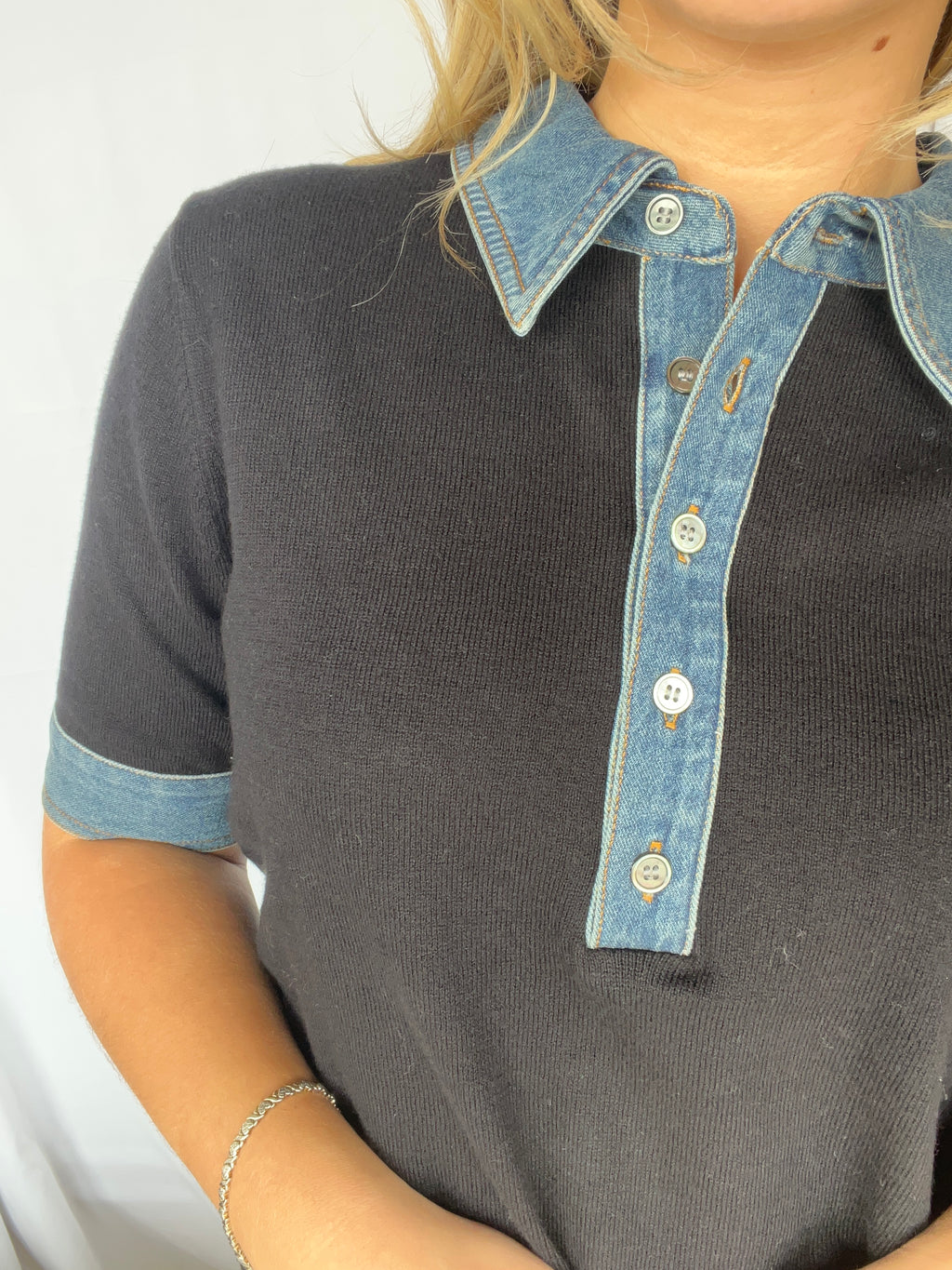 Delilah Denim Trim Polo Top - Clothes Horse