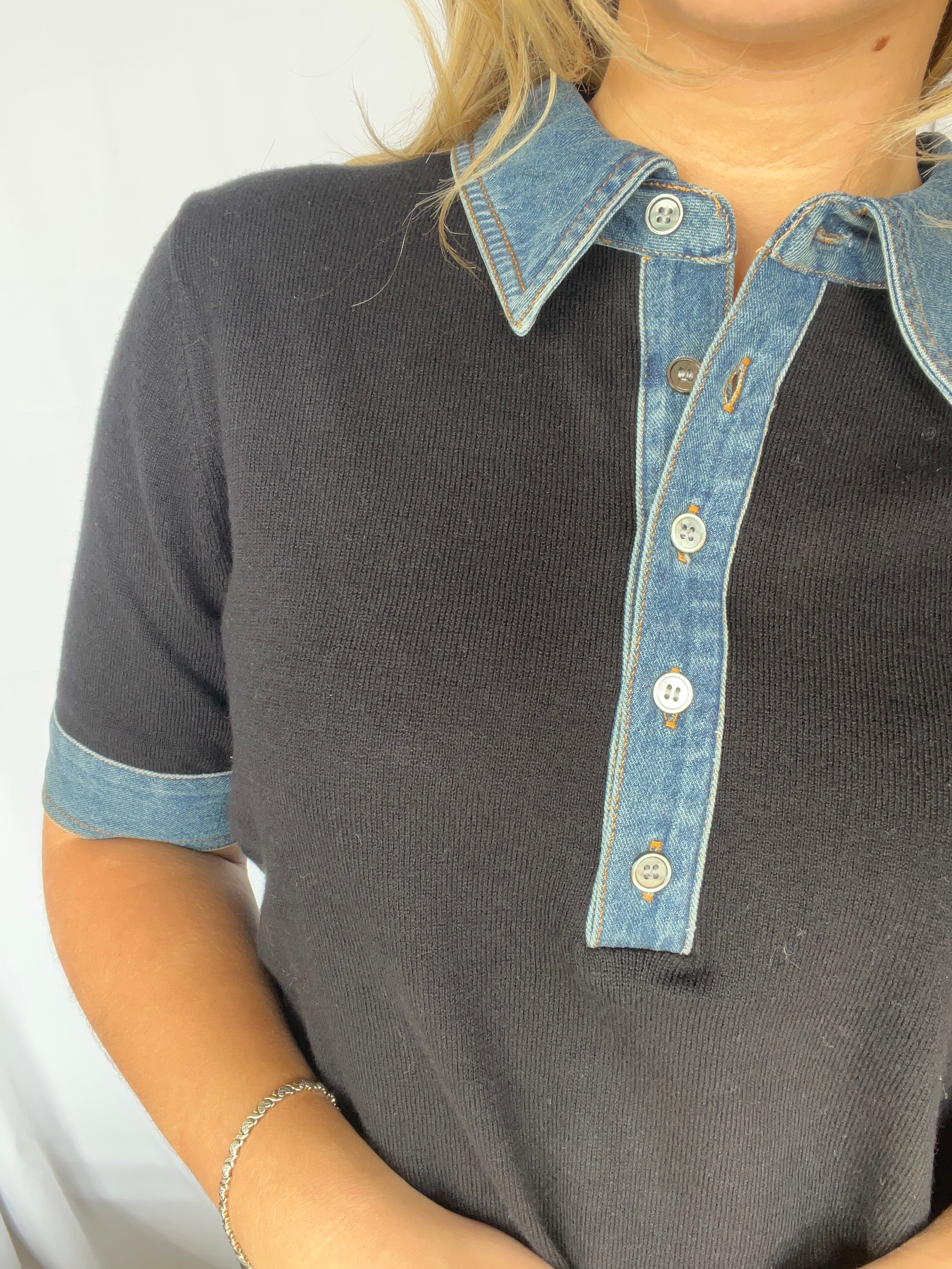 Delilah Denim Trim Polo Top - Clothes Horse