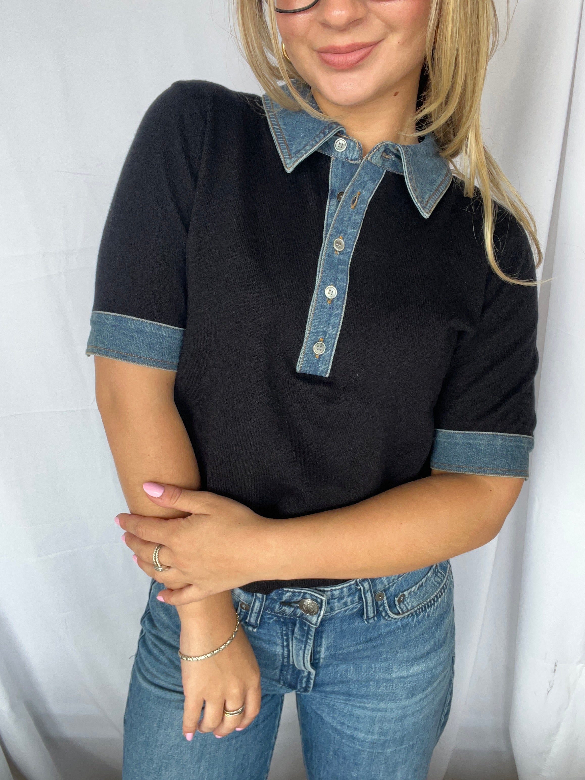 Delilah Denim Trim Polo Top - Clothes Horse