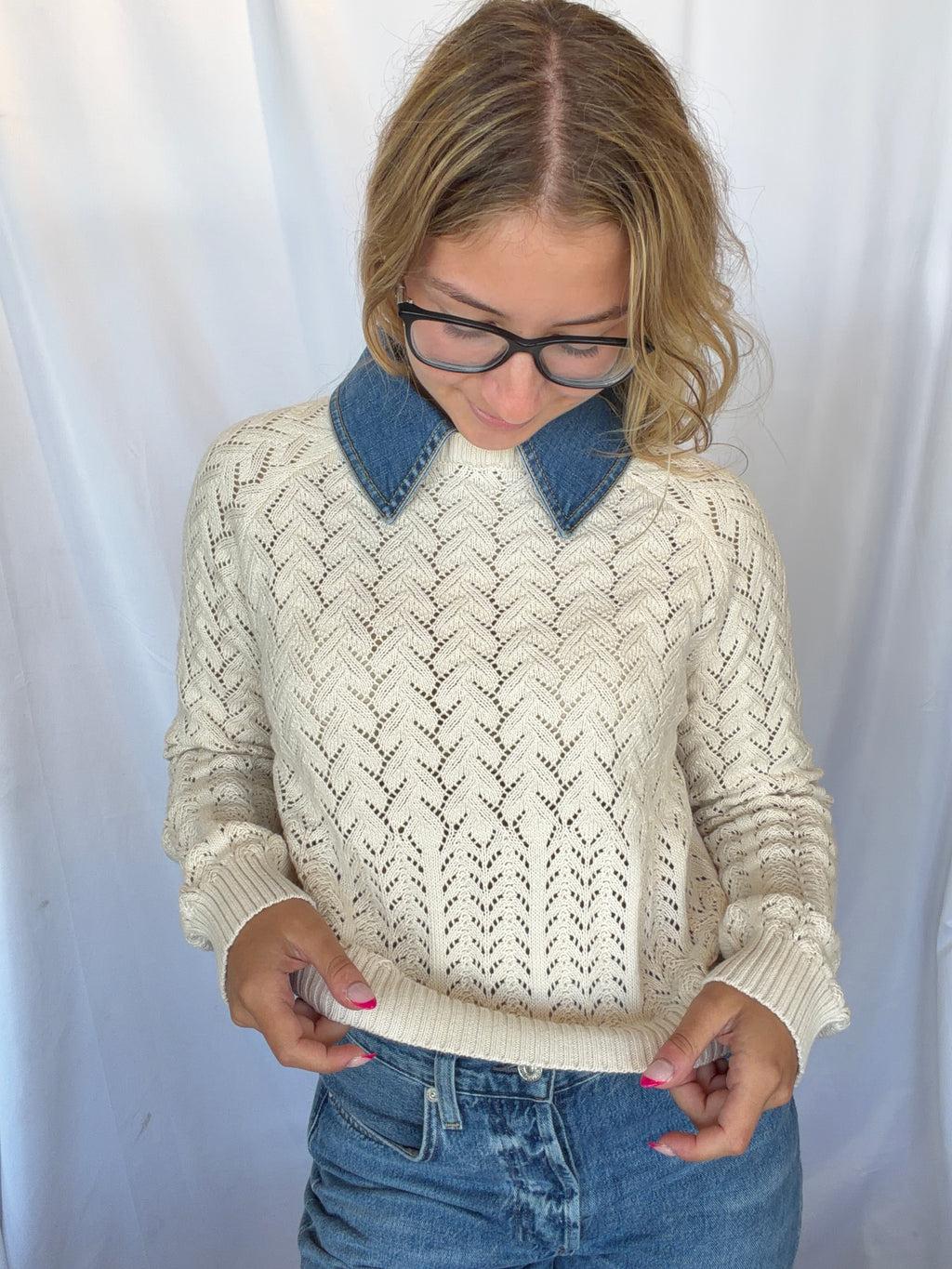 Hazel Denim Collar Pointelle Sweater