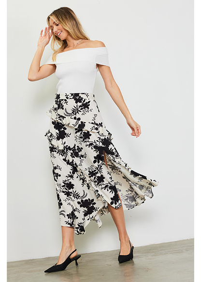 Jacquard Ruffle Midi Skirt