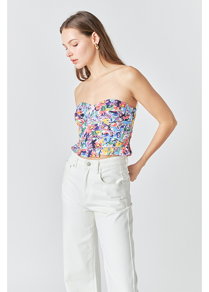 Floral Ruched Strapless Top