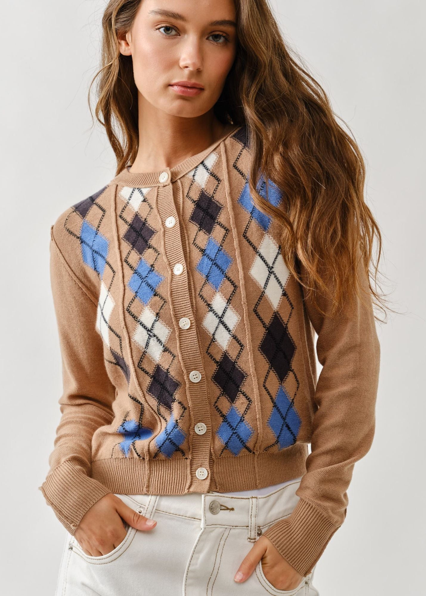Charlie Argyle Cardigan- Taupe