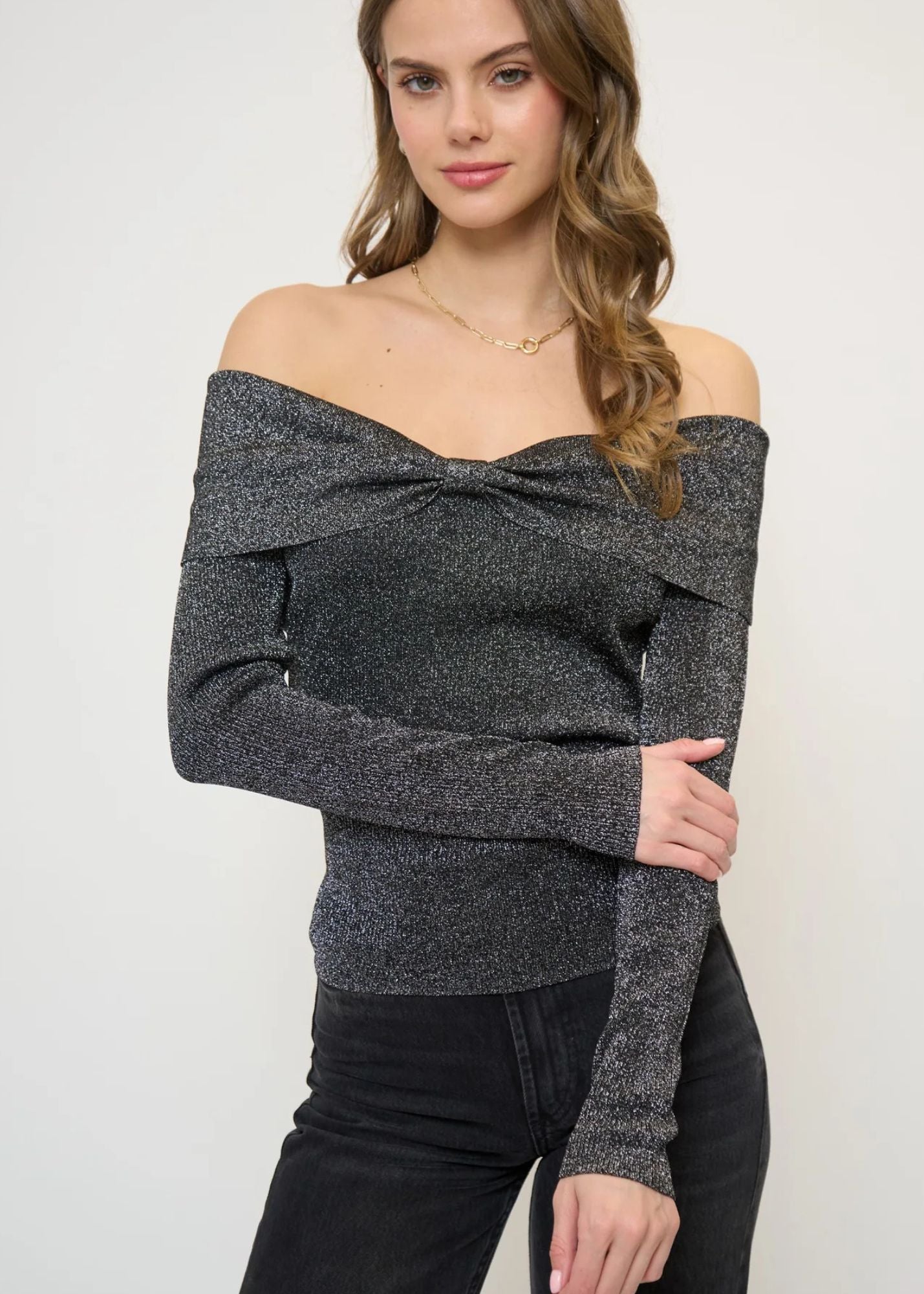 Collette Ribbed Lurex Off The Shoulder Sweater