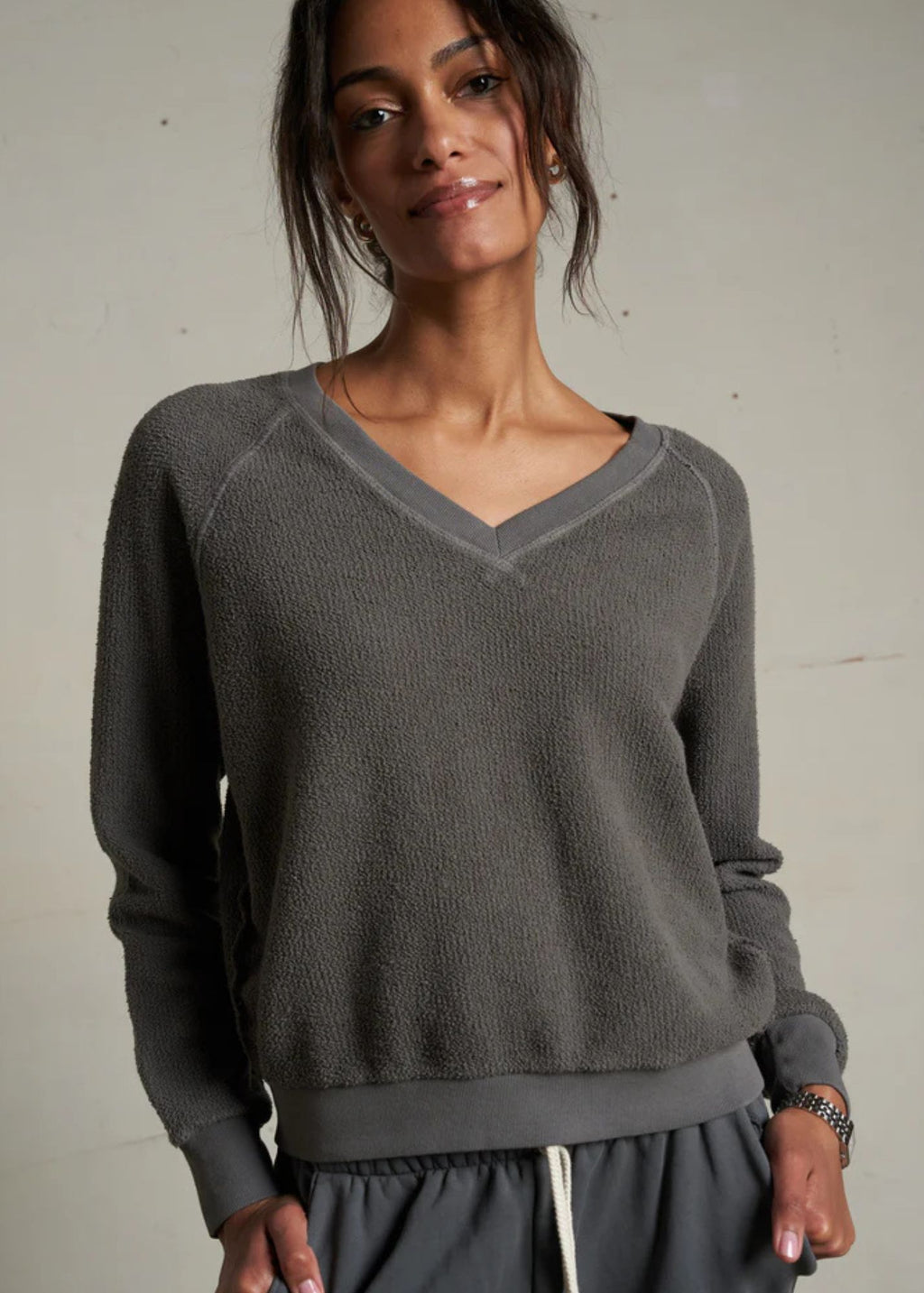 Zuri Reverse Fleece V Neck Sweatshirt