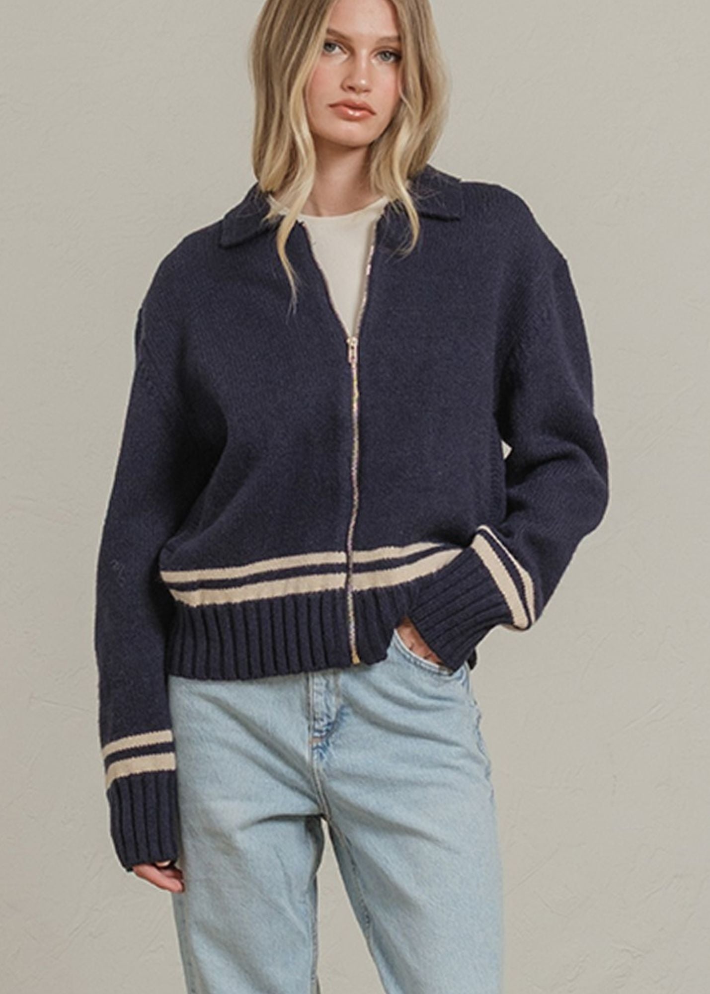 Varsity Zip-Up Knit Jacket