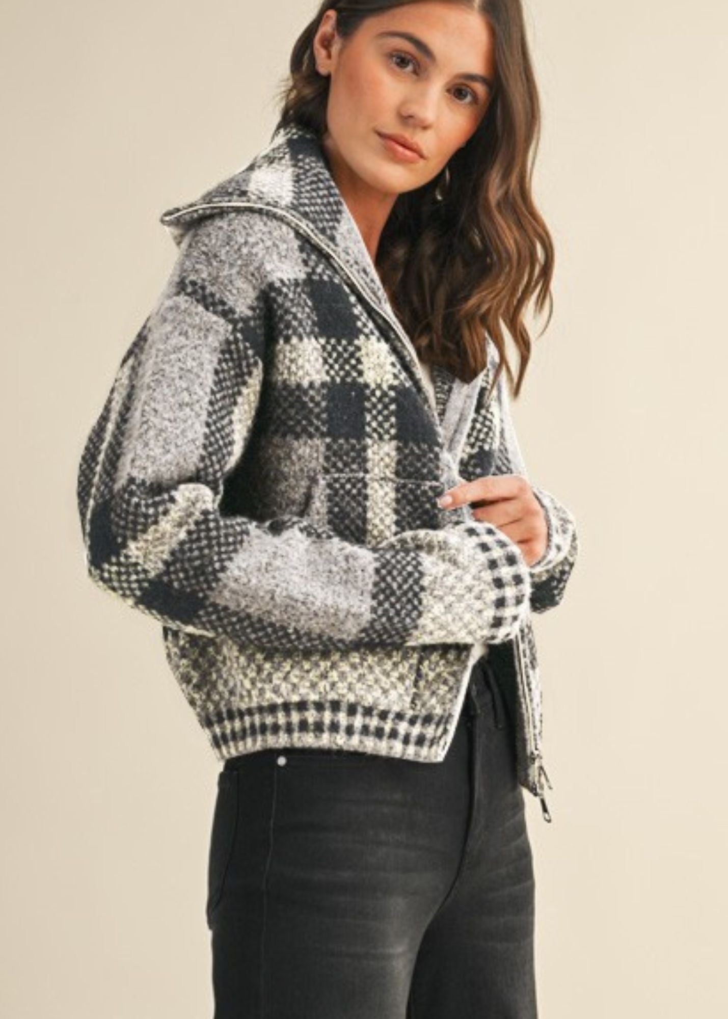 Checkered Fuzzy Sweater Jacket