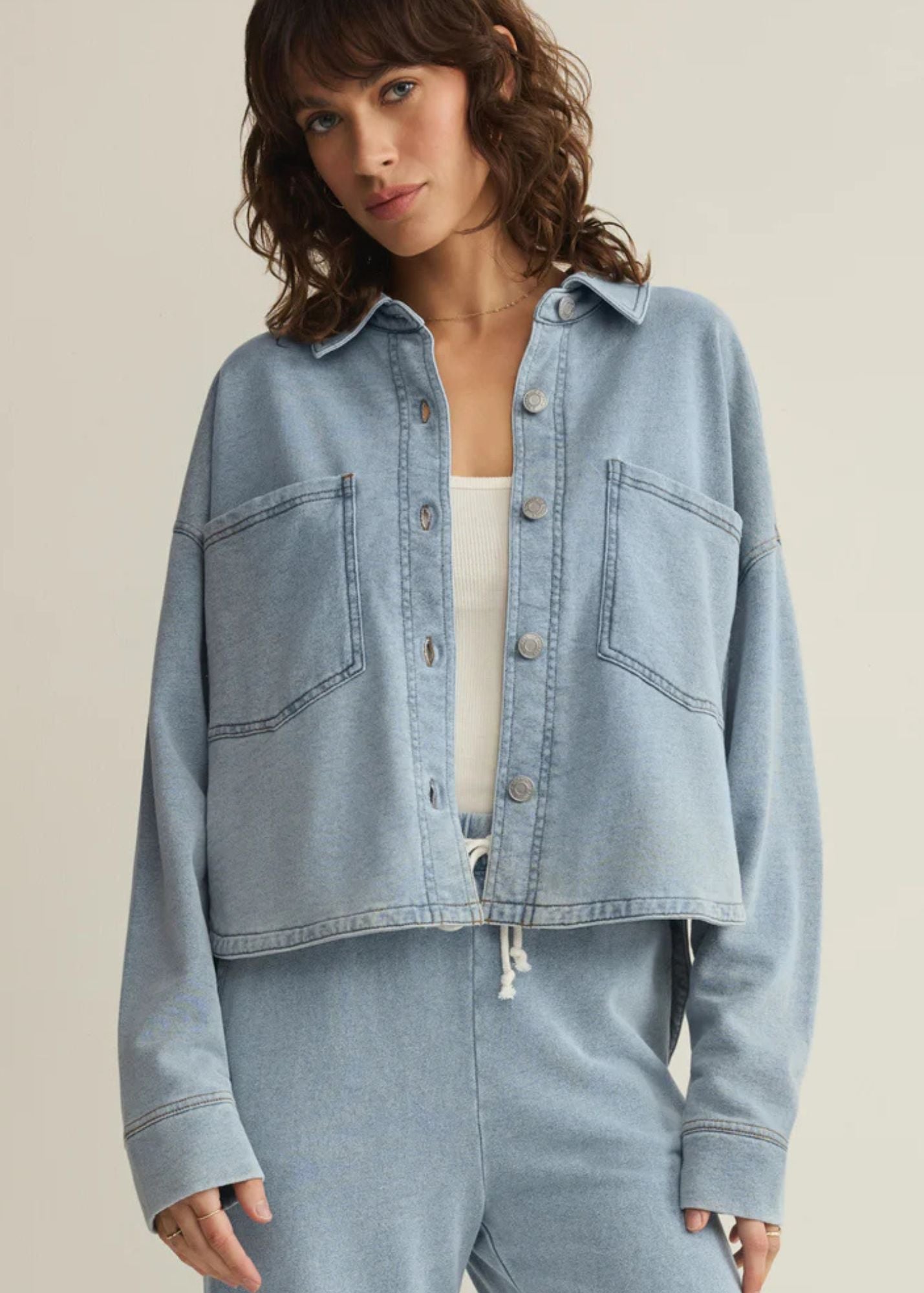 All Day Cropped Knit Denim Jacket