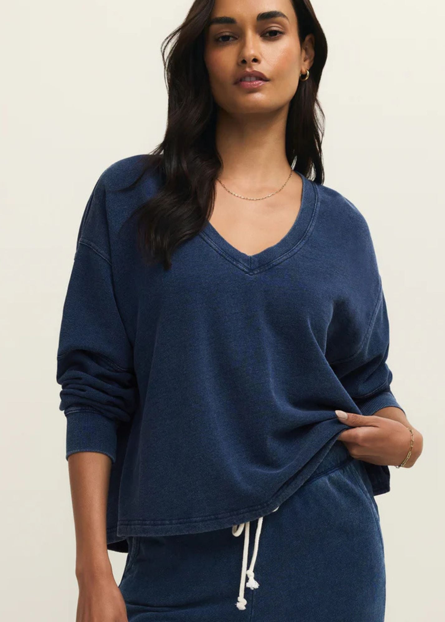 Delphine Knit Denim V-Neck Sweatshirt