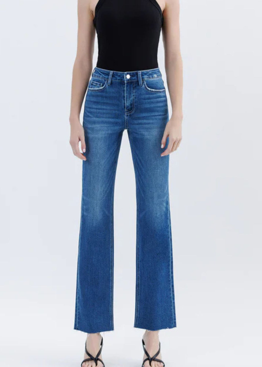 High Rise Raw Hem Straight Jeans