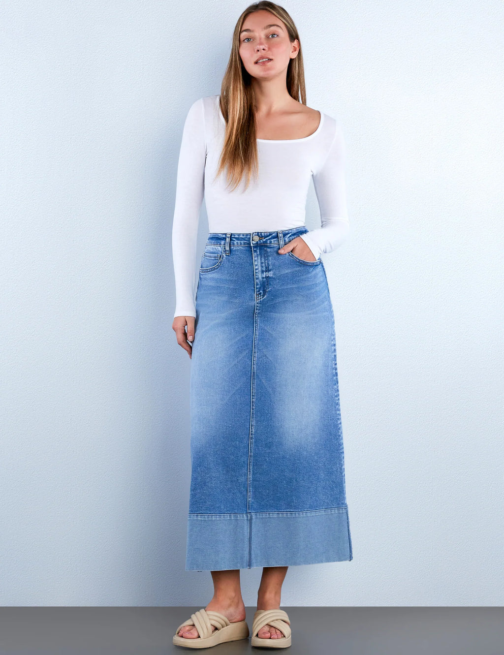Cuffed Denim Maxi Skirt - Clothes Horse