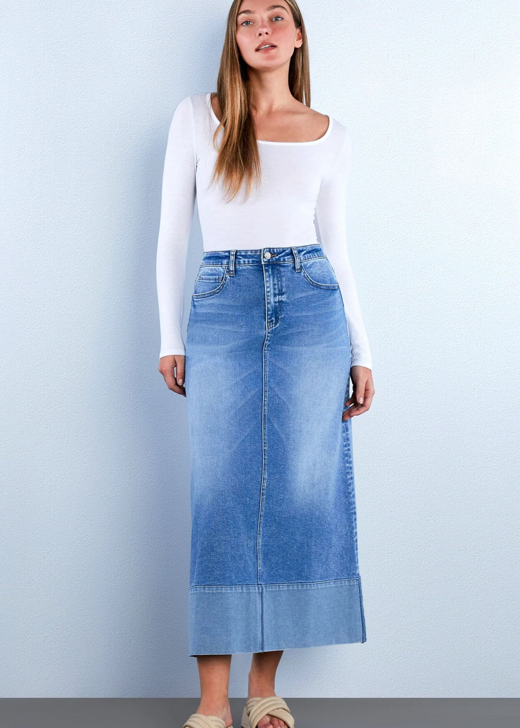 Cuffed Denim Maxi Skirt - Clothes Horse