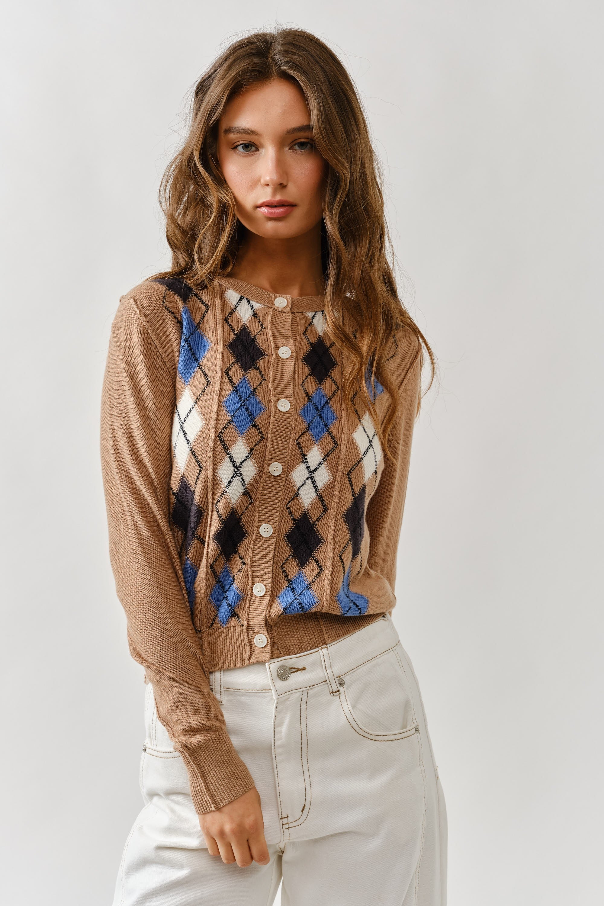 Charlie Argyle Cardigan- Taupe